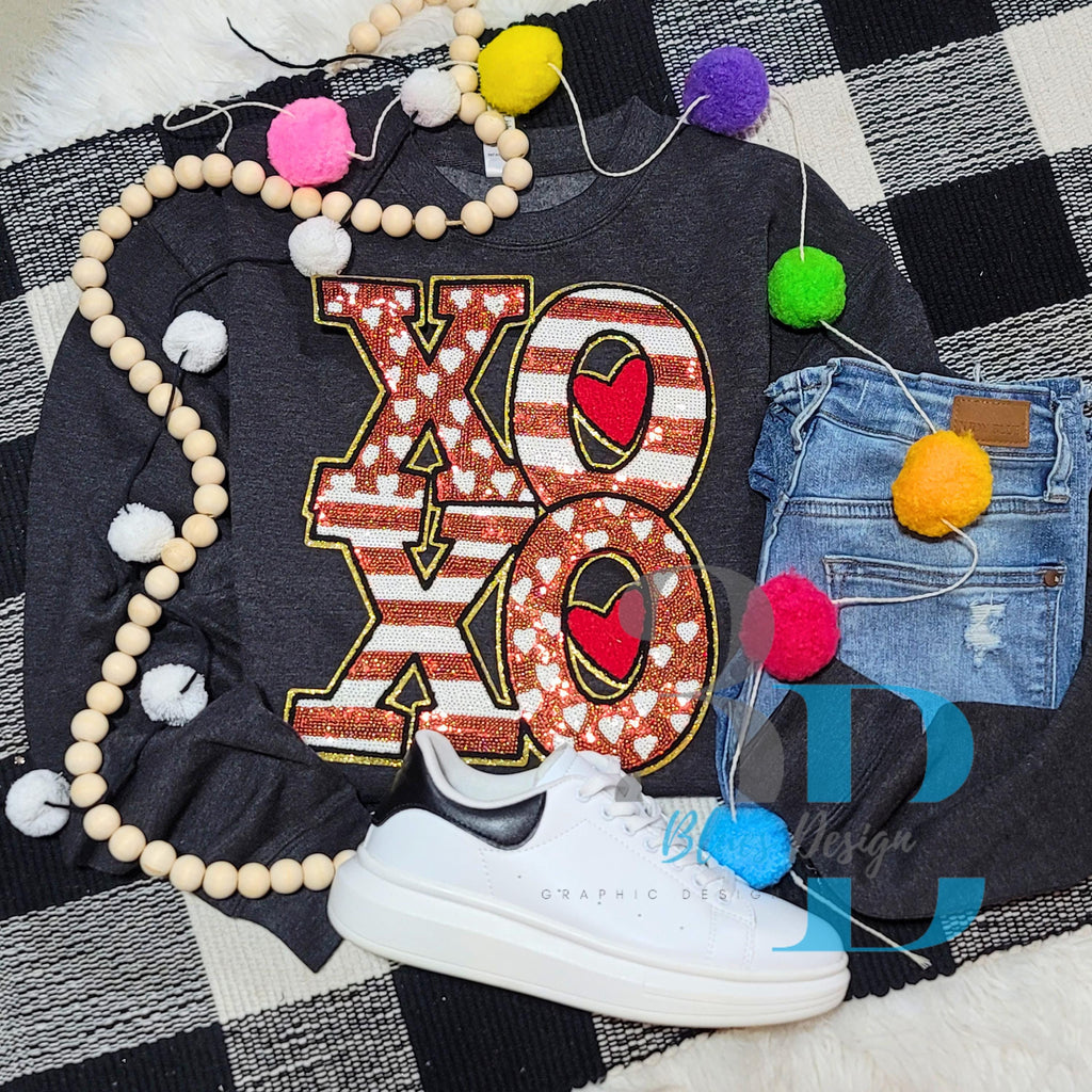 ADULT: XOXO Sequin Checkered & Hearts Sweatshirt