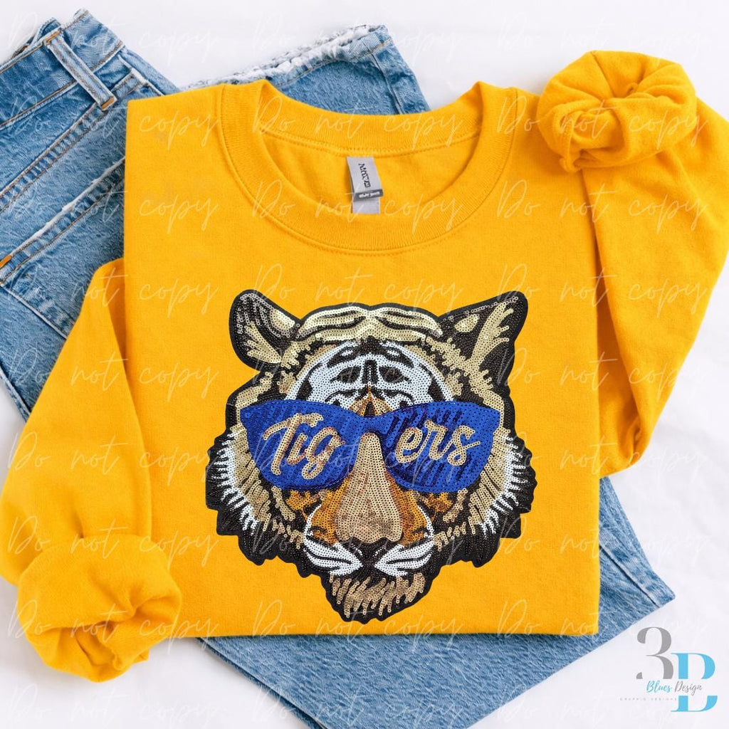XLarge Tiger Face with Blue Glasses Sequin Iron-on Patch