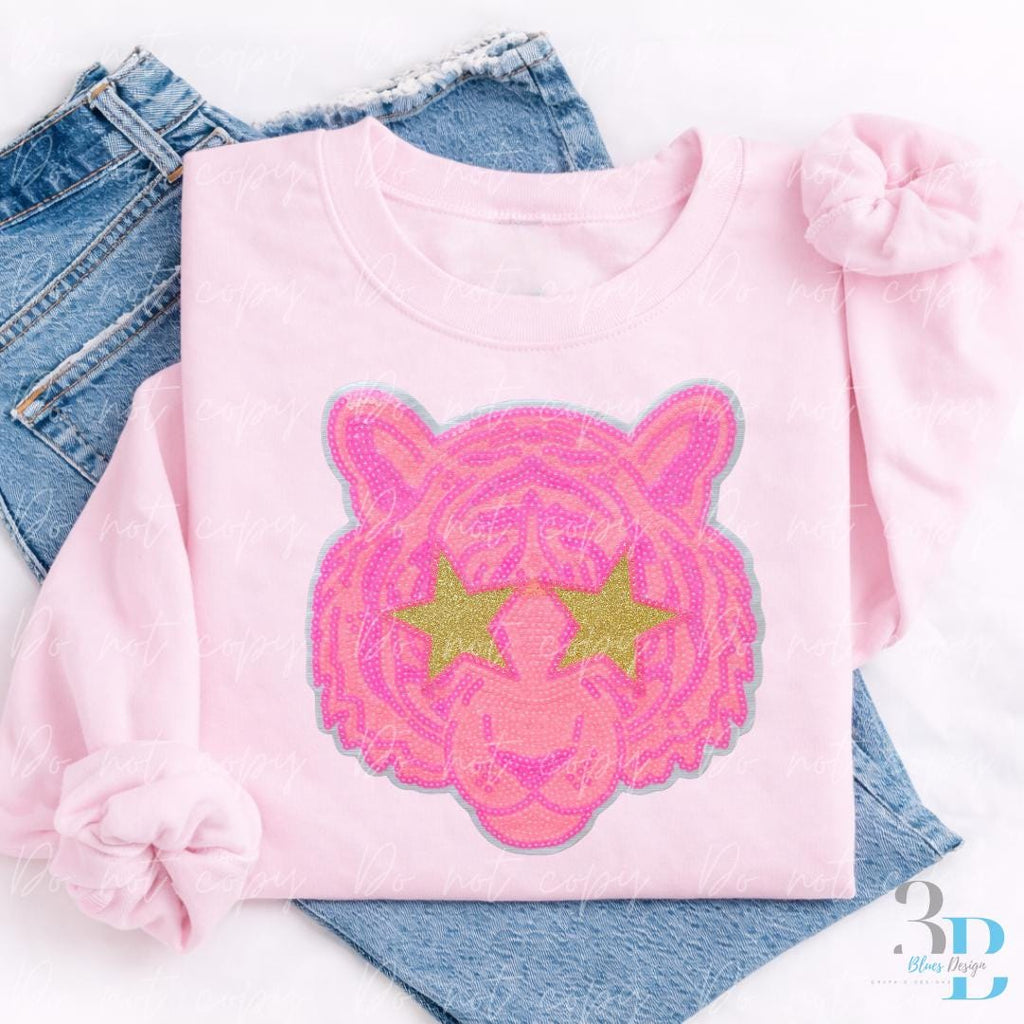 Pink Tiger with Gold Star Eyrs | Mascot | Tiger | Sequin Iron-on Patch
