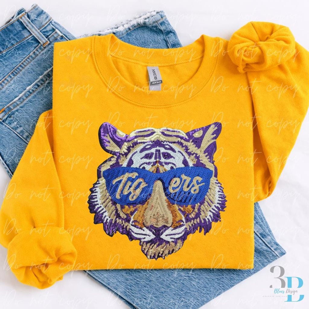 XLarge Tiger Purple & Gold Face with Blue Glasses Sequin Iron-on Patch