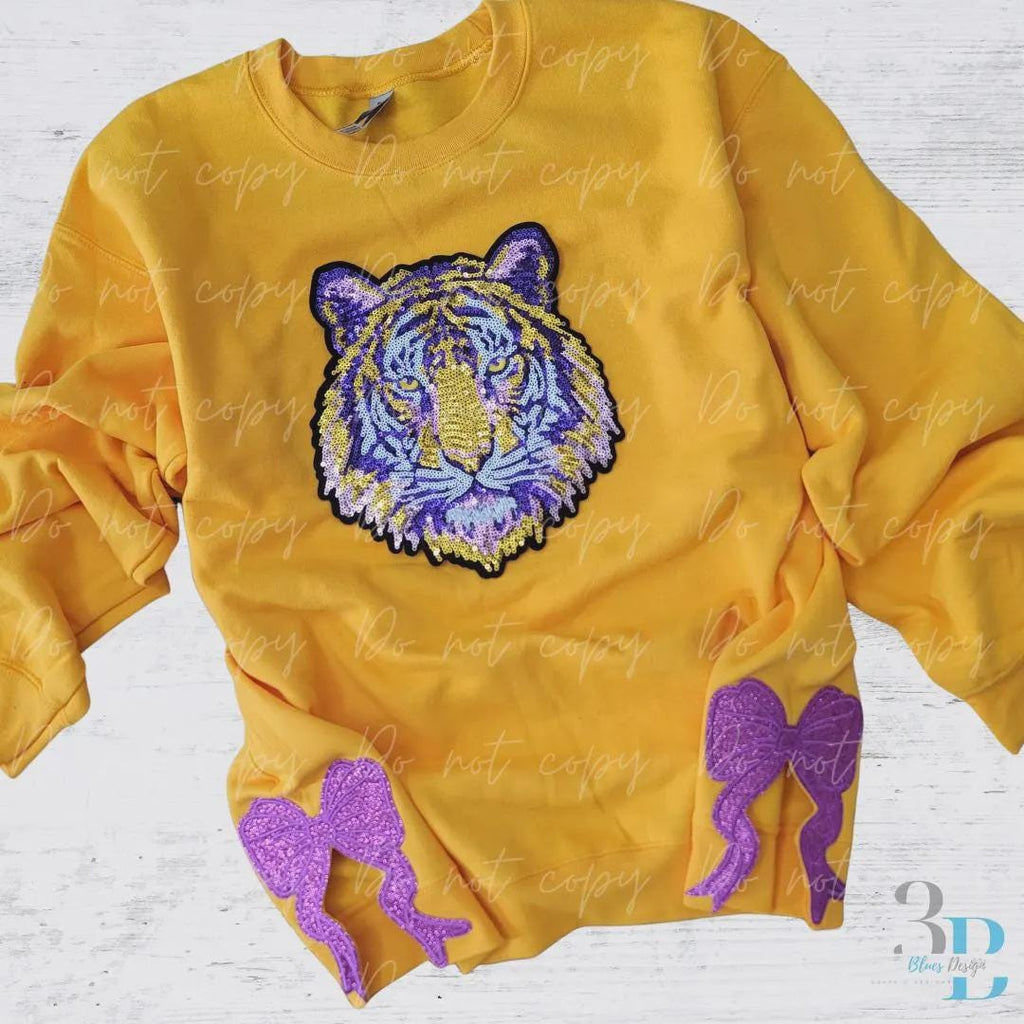 WITH SIDE BOWS | Purple & Gold Sequin Tiger Sweatshirt
