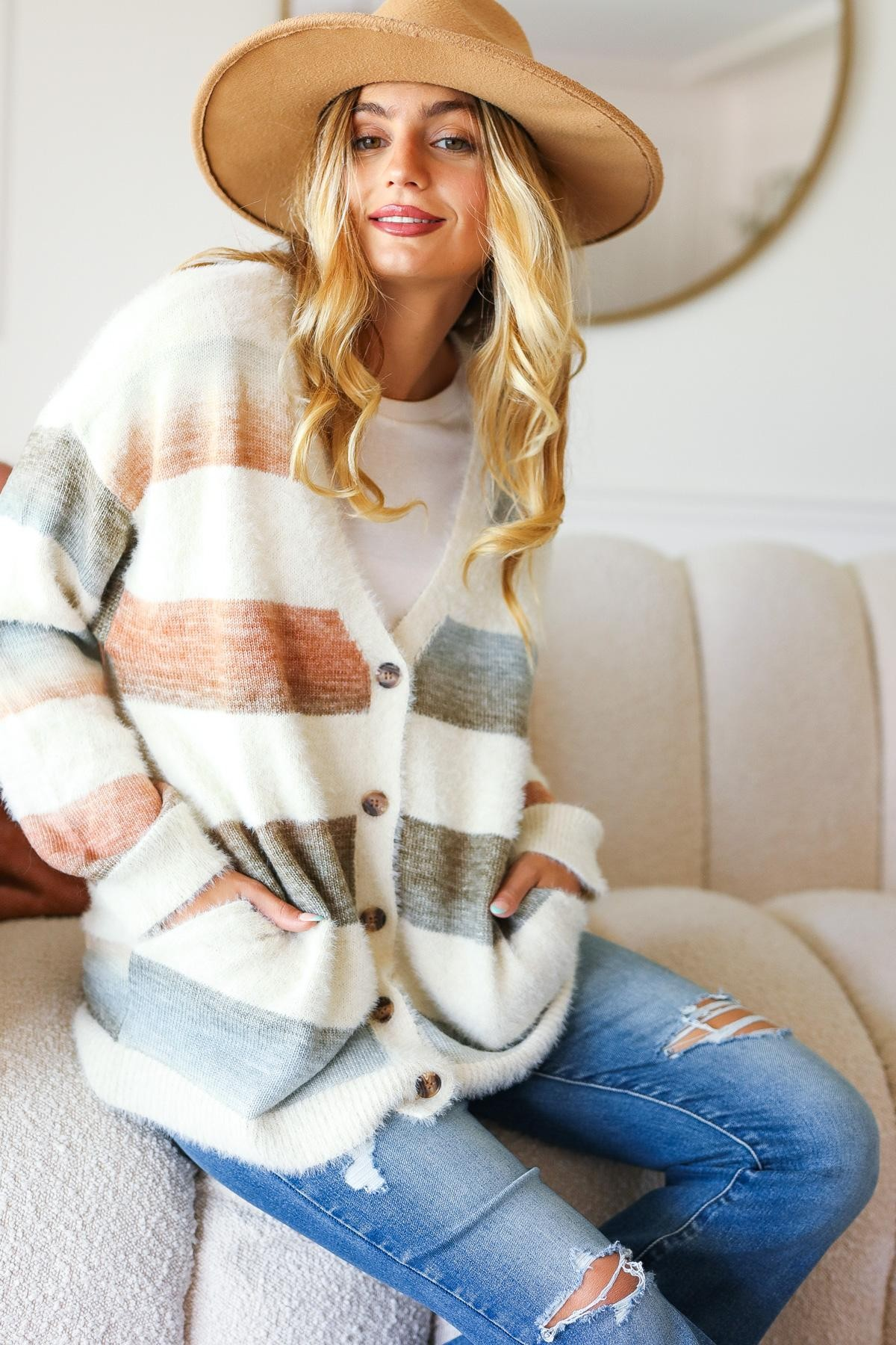 Hazel Blues® |  Button Down Stripe Soft Fuzzy Sweater Cardigan