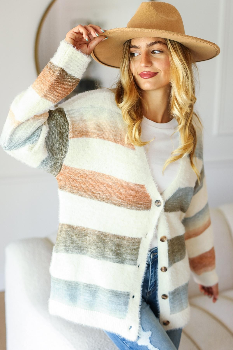 Hazel Blues® |  Button Down Stripe Soft Fuzzy Sweater Cardigan