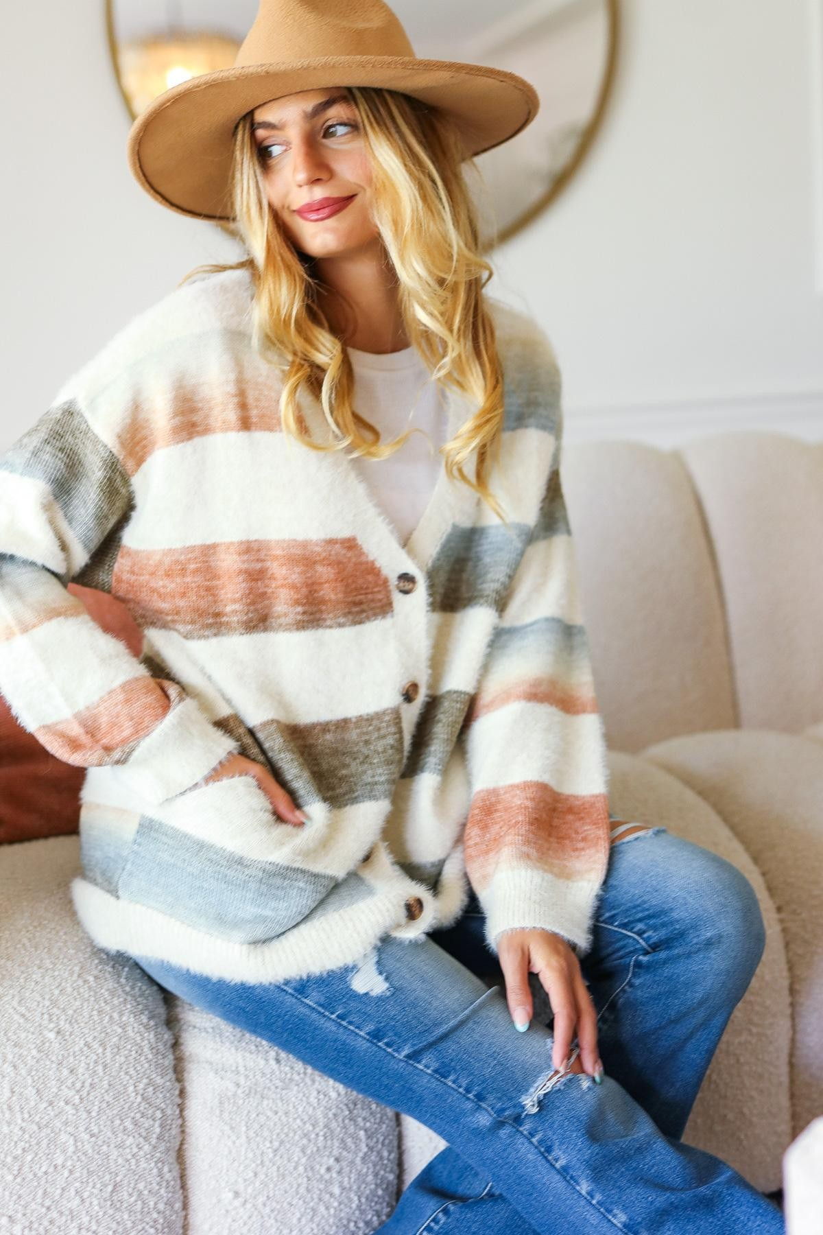 Hazel Blues® |  Button Down Stripe Soft Fuzzy Sweater Cardigan