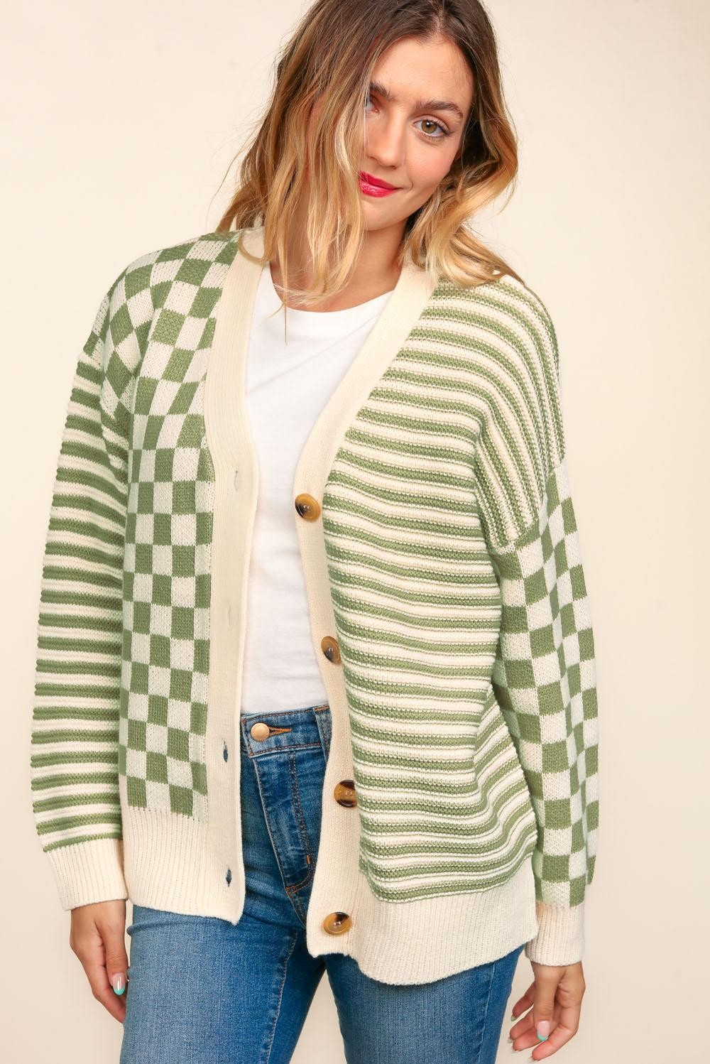 Hazel Blues® |  Button Down Checker Stripe Sweater Cardigan