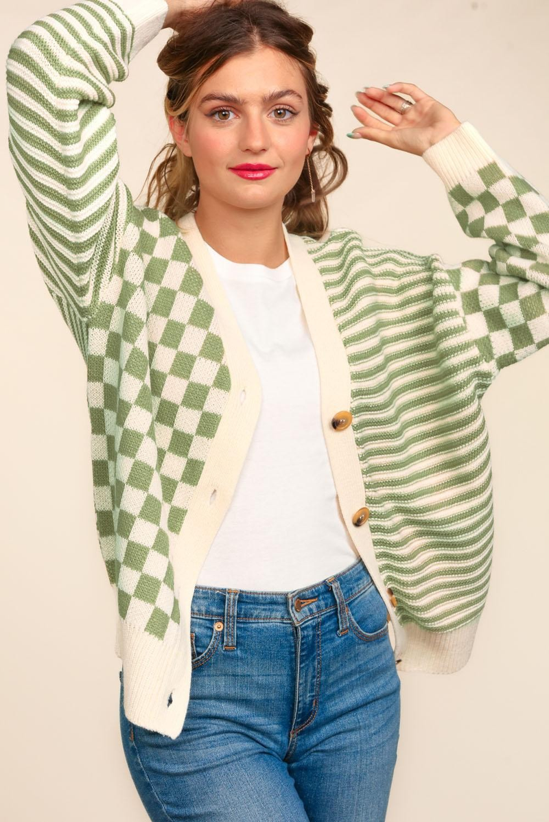 Hazel Blues® |  Button Down Checker Stripe Sweater Cardigan