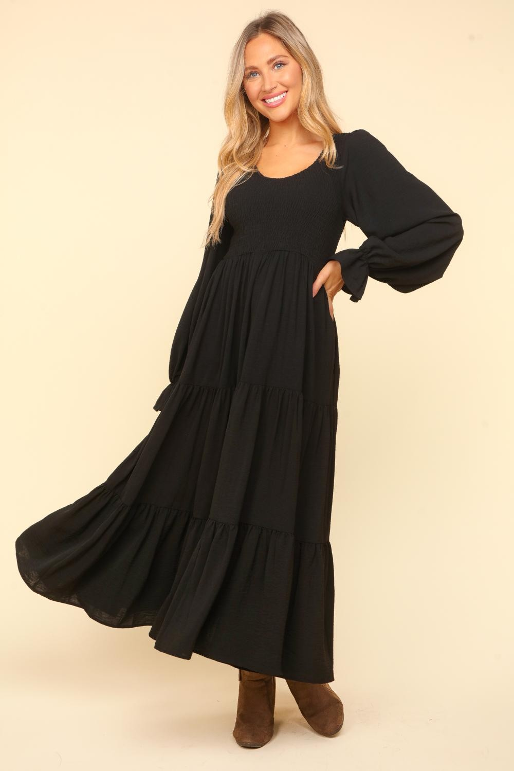 Hazel Blues® |  Smocking Maxi Woven Dress with Side Pockets in Black