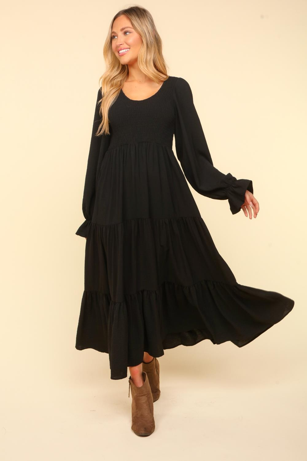 Smocking Maxi Woven Dress with Side Pockets in Black