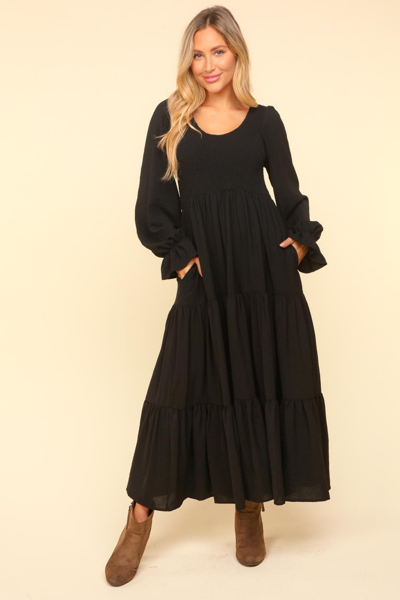 Hazel Blues® |  Smocking Maxi Woven Dress with Side Pockets in Black