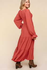 Hazel Blues® |  Smocking Maxi Woven Dress with Side Pockets in Marsala