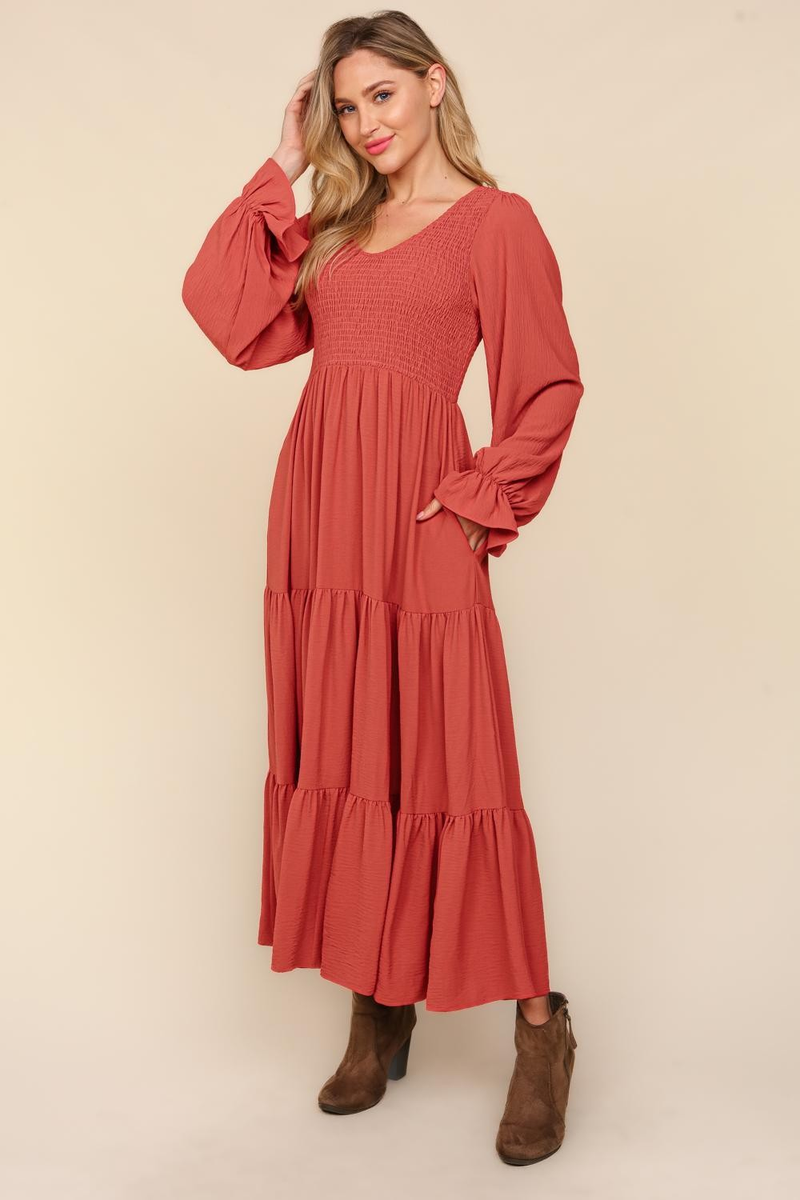 Hazel Blues® |  Smocking Maxi Woven Dress with Side Pockets in Marsala