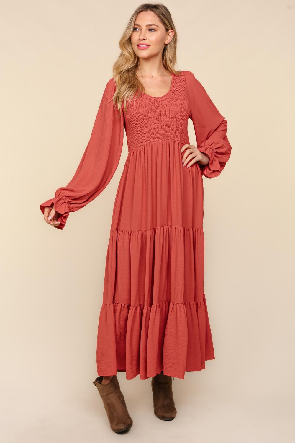 Hazel Blues® |  Smocking Maxi Woven Dress with Side Pockets in Marsala