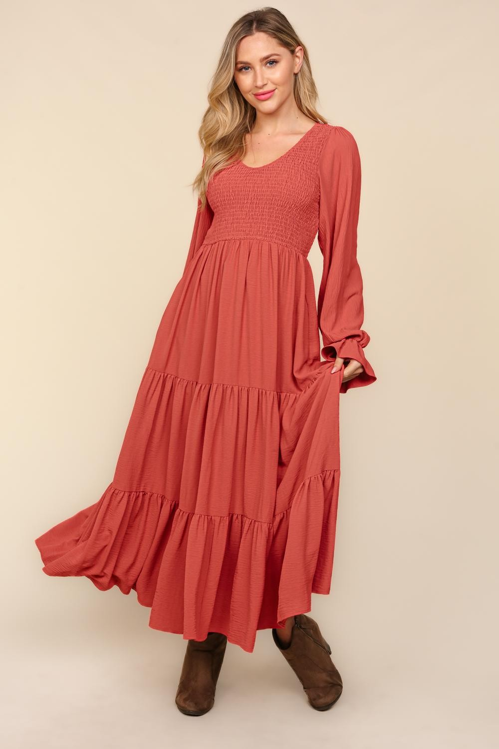 Hazel Blues® |  Smocking Maxi Woven Dress with Side Pockets in Marsala