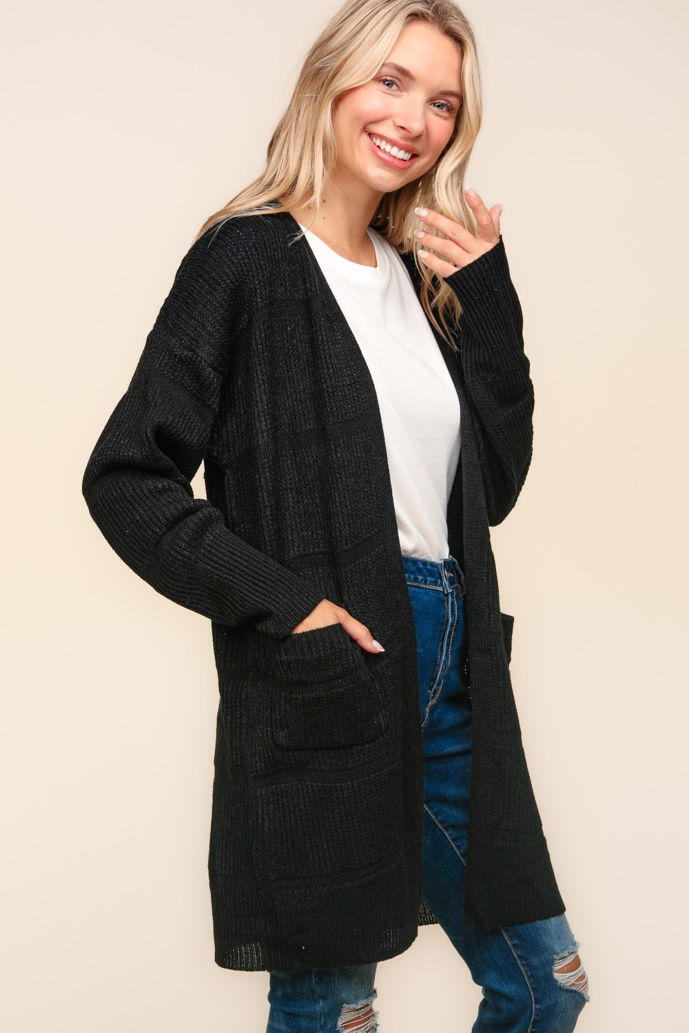 Hazel Blues® |  Stripe Textured Open Cardigan with Pockets in Black