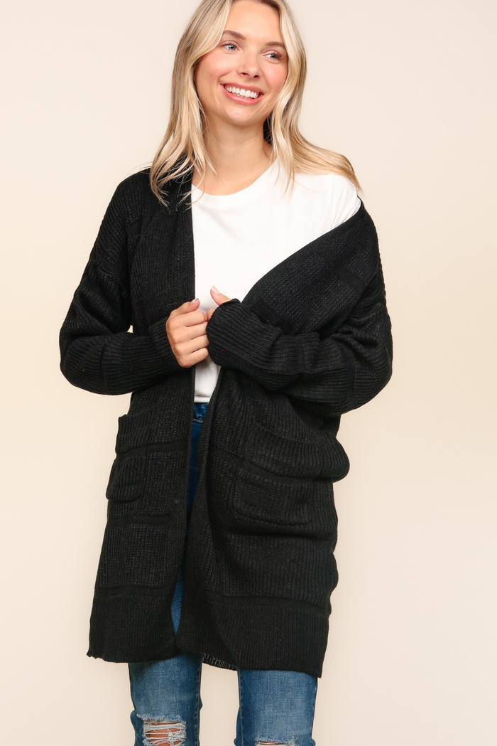 Hazel Blues® |  Stripe Textured Open Cardigan with Pockets in Black