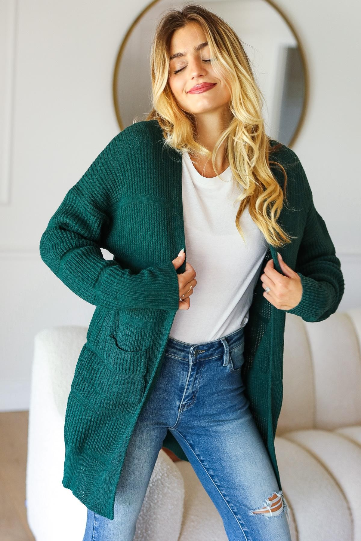 Hazel Blues® |  Stripe Textured Open Cardigan with Pockets in Hunter Green