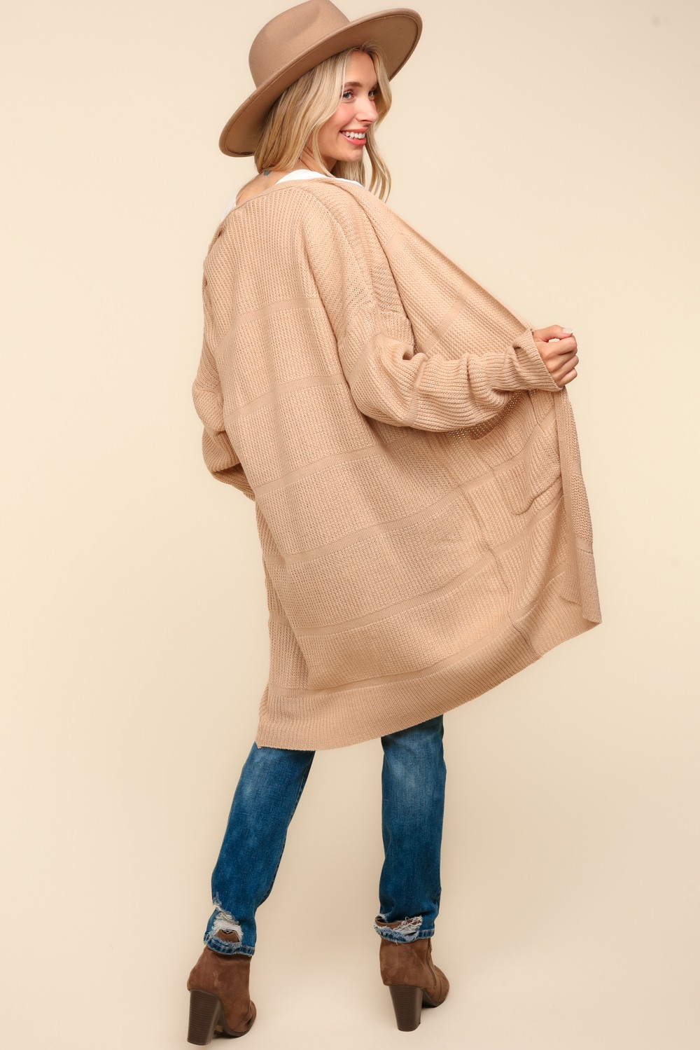 Hazel Blues® |  Stripe Textured Open Cardigan with Pockets in Taupe