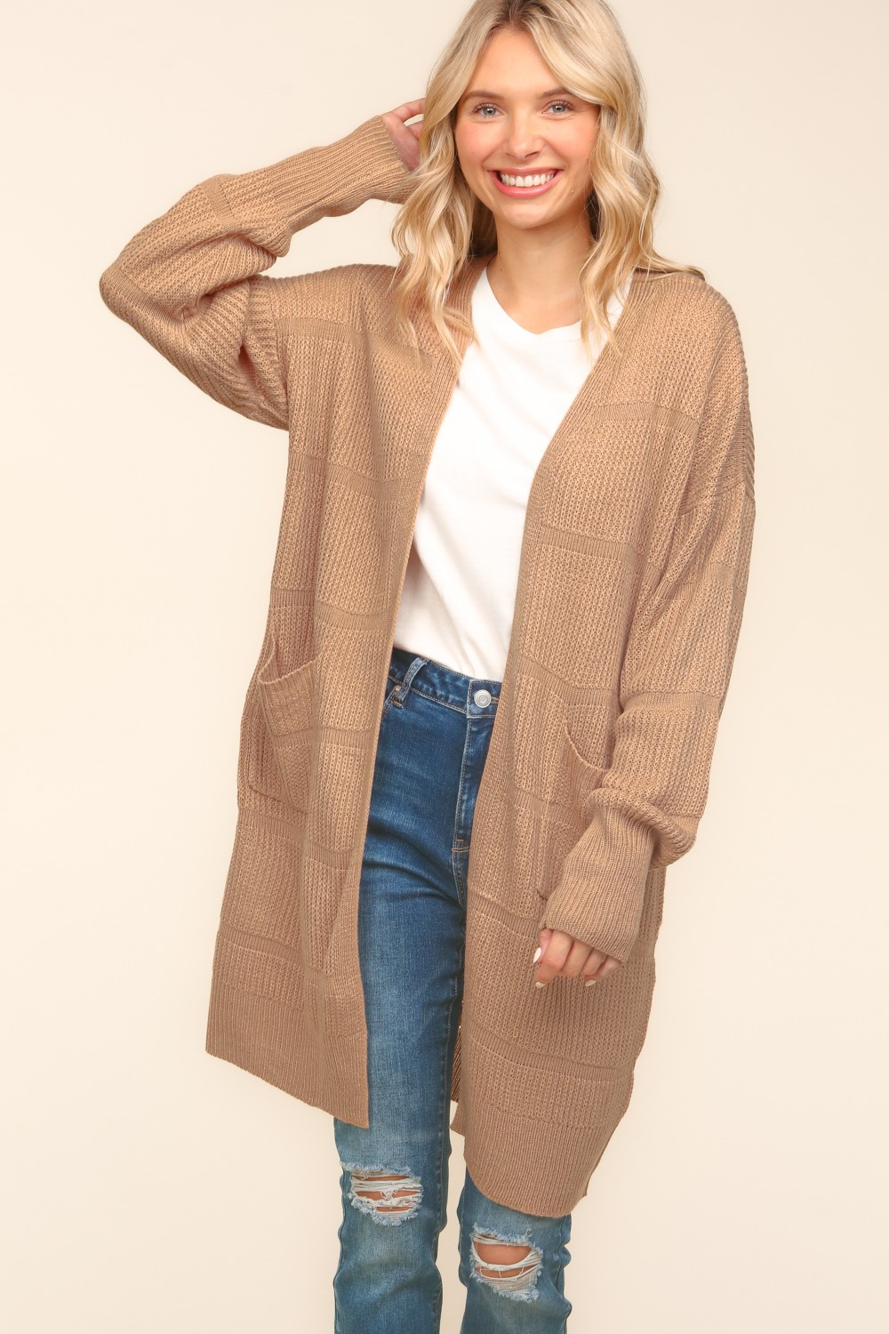 Hazel Blues® |  Stripe Textured Open Cardigan with Pockets in Taupe