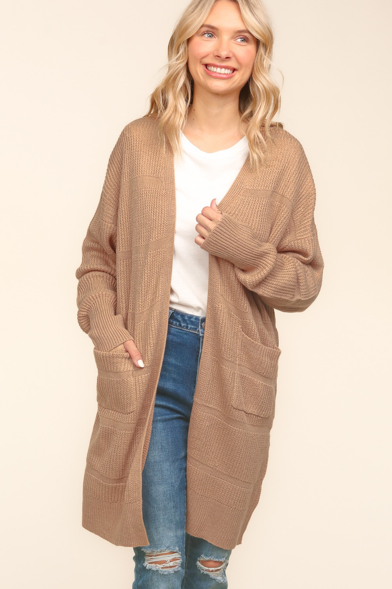 Hazel Blues® |  Stripe Textured Open Cardigan with Pockets in Taupe