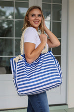 Hazel Blues® | Rope Handle Beach Bag Top Flap - Blue Micro Stripe
