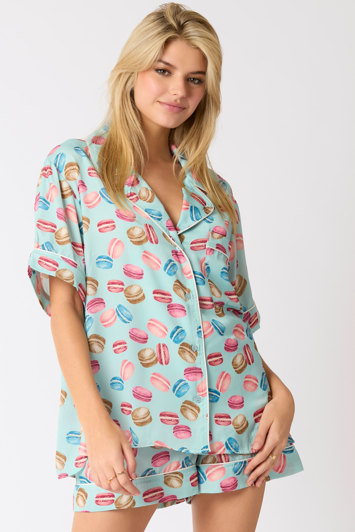 Hazel Blues® |  Poly Satin Macarons Printed Pajama Shirt