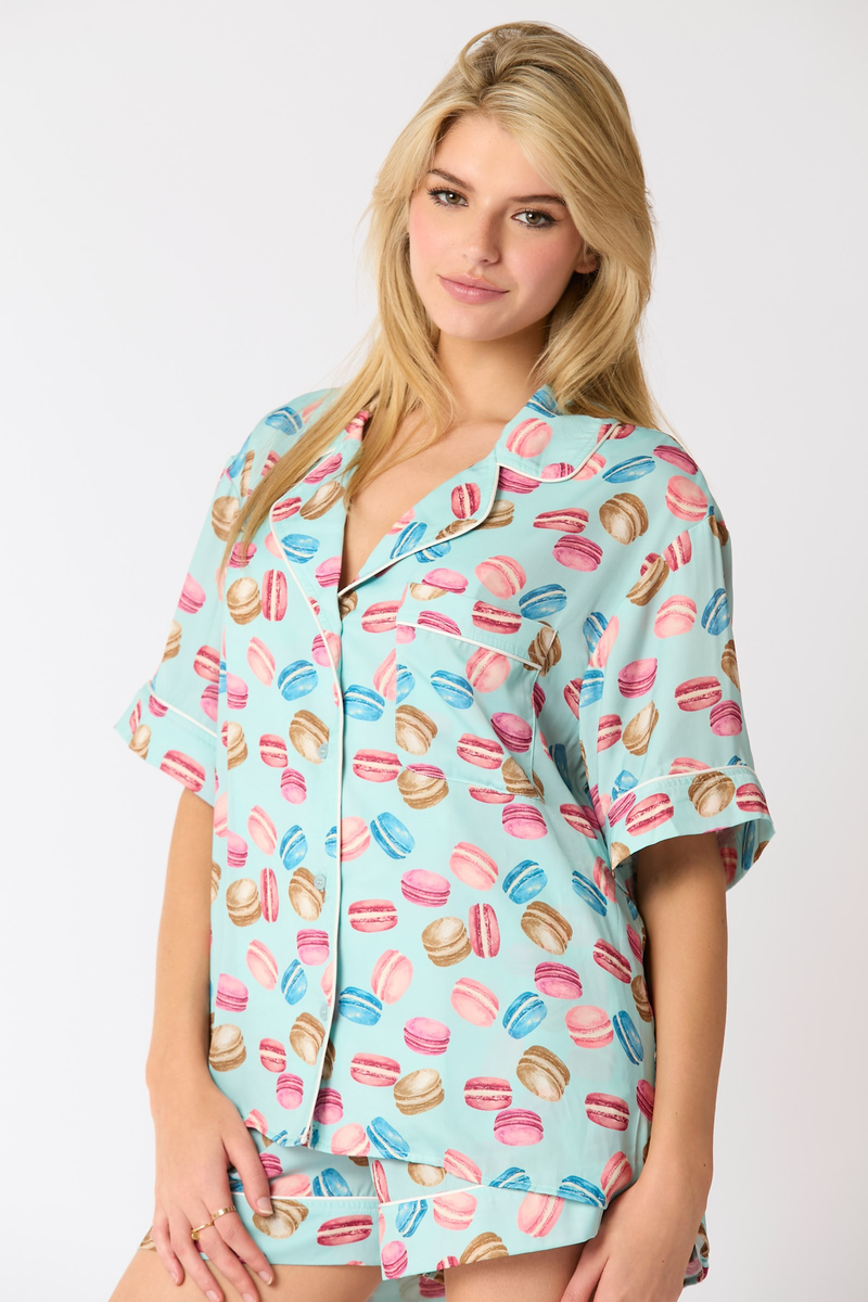 Hazel Blues® |  Poly Satin Macarons Printed Pajama Shirt