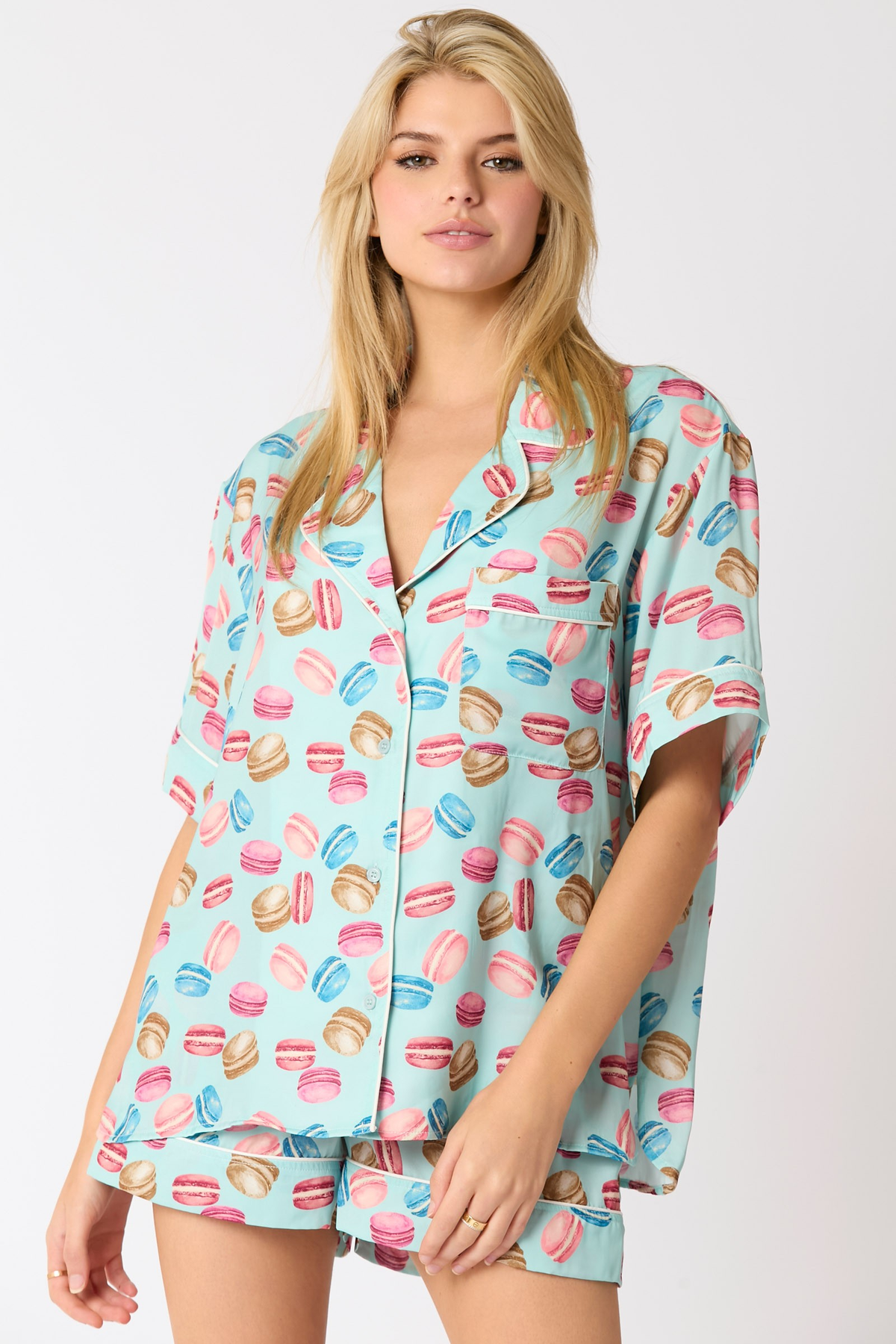 Hazel Blues® |  Poly Satin Macarons Printed Pajama Shirt