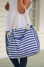Hazel Blues® | Rope Handle Beach Bag Top Flap - Blue Micro Stripe