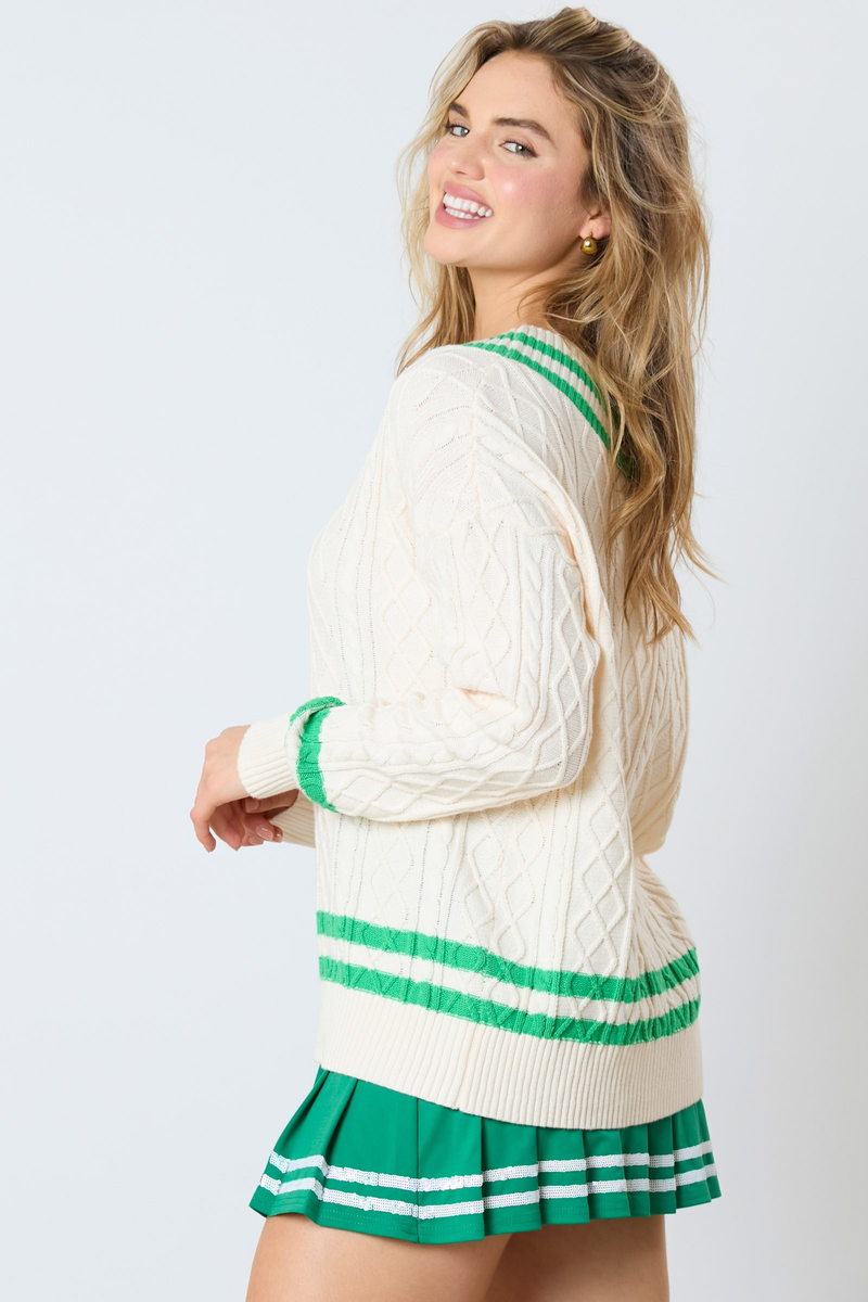 Hazel Blues® |  Varsity V-Neck Cable Sweater