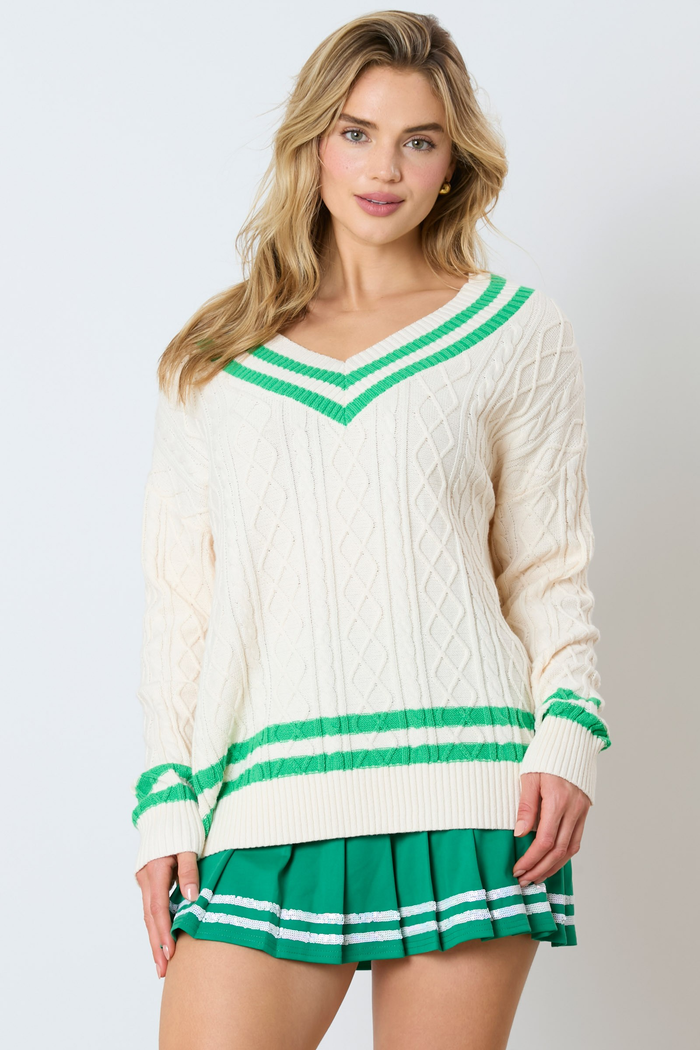 Hazel Blues® |  Varsity V-Neck Cable Sweater