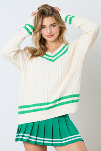 Hazel Blues® |  Varsity V-Neck Cable Sweater