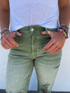 Hazel Blues® |  Blakeley Distressed Jeans In Olive and Camel