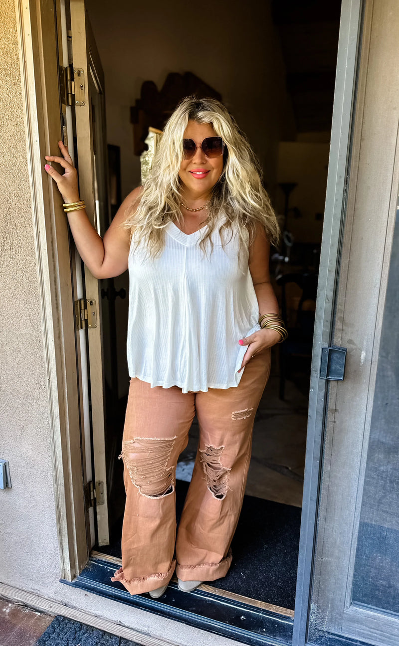 Hazel Blues® |  Blakeley Distressed Jeans In Olive and Camel