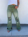 Hazel Blues® |  Blakeley Distressed Jeans In Olive and Camel