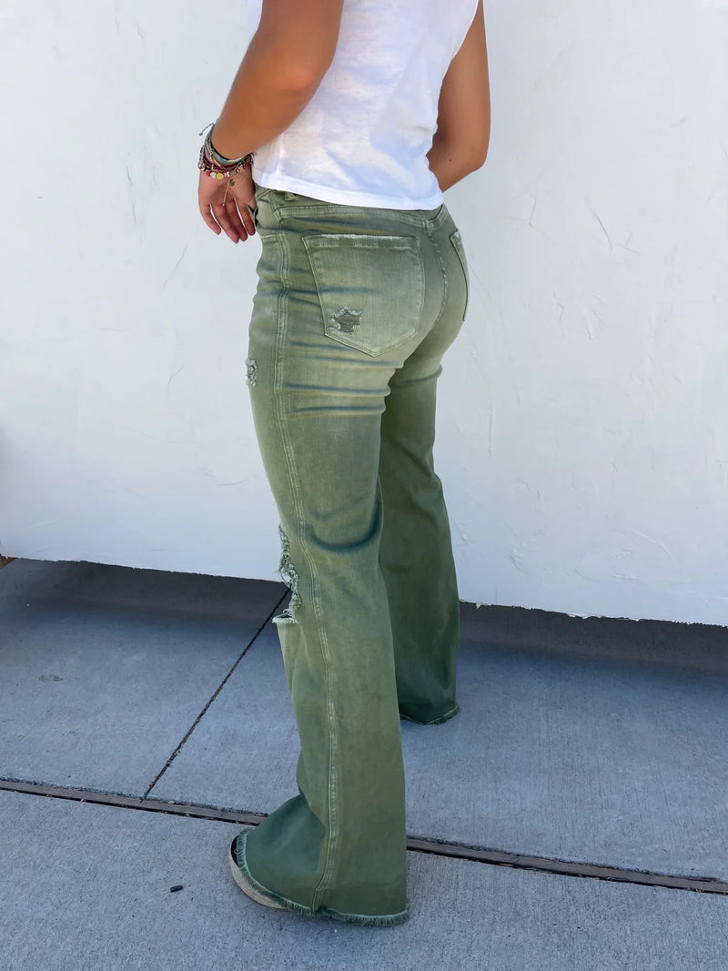 Hazel Blues® |  Blakeley Distressed Jeans In Olive and Camel