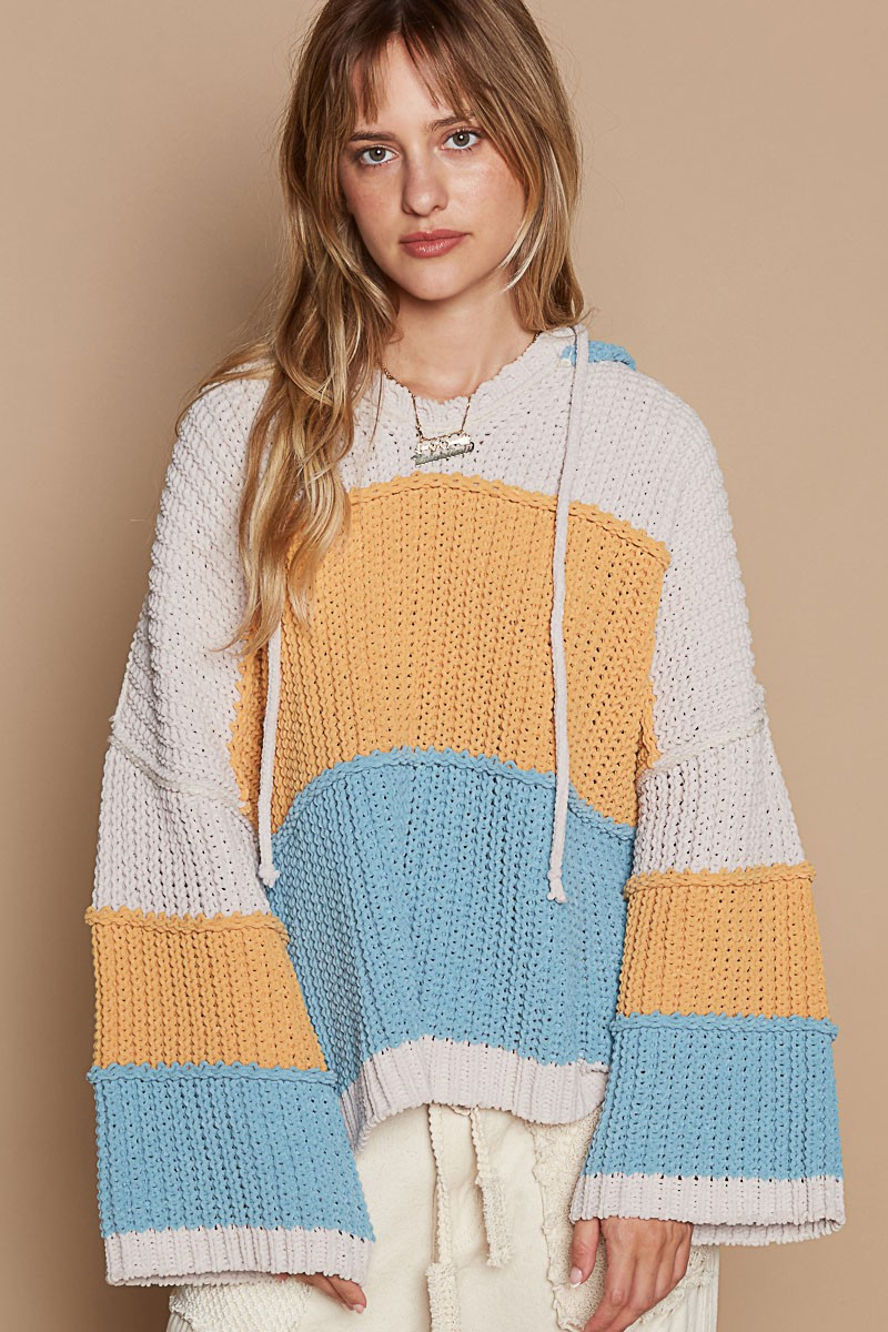 Hazel Blues® |  V-Neck Hooded Color Block Pullover Sweater