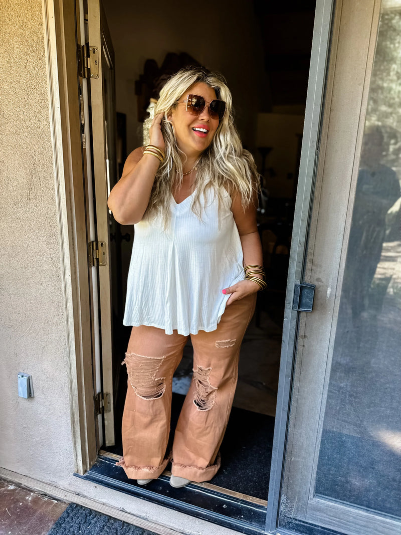 Hazel Blues® |  Blakeley Distressed Jeans In Olive and Camel