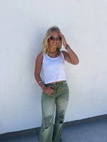 Hazel Blues® |  Blakeley Distressed Jeans In Olive and Camel
