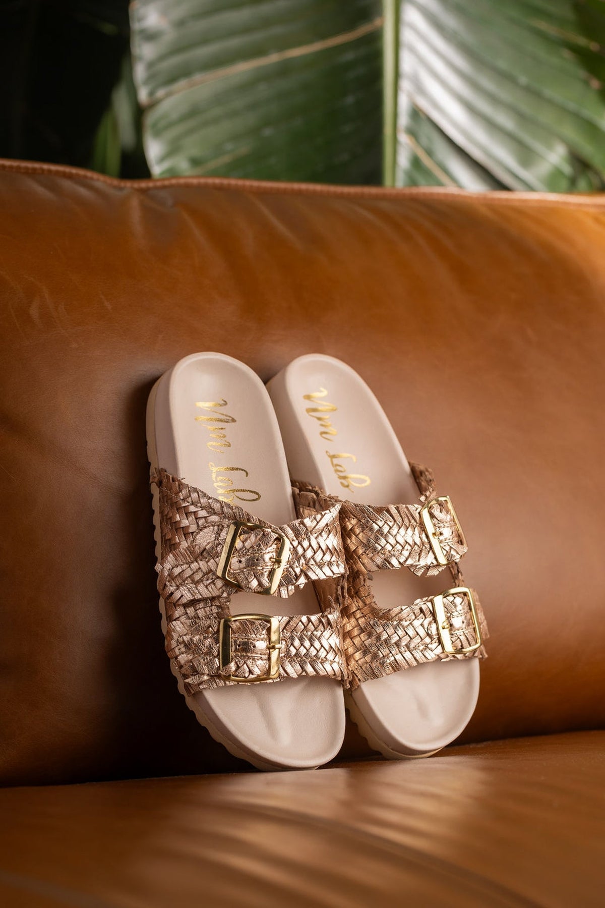 Hazel Blues® |  Intertwine Dual Woven Strap Slide in Champagne