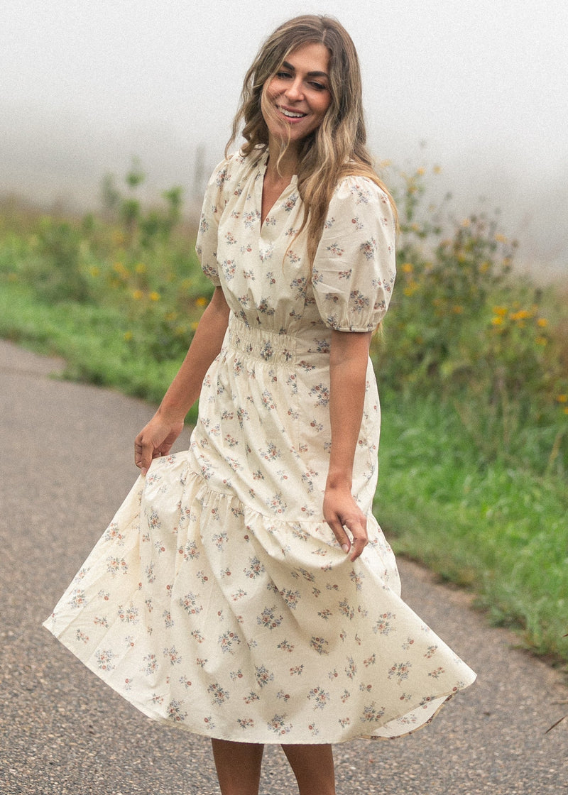 floral midi dresses with sleeves Long Sleeve Ditsy Chiffon Dress In Black Multi midi length v neckline short puff sleeves with elasticised cuffs back invisible zip ruffle detail on hemline a Modest Summer Floral Midi Wedding