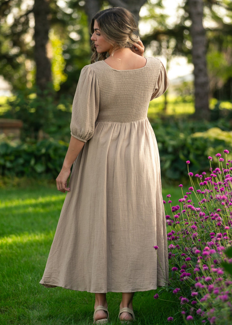 Kayleen Tan Smocked Bodice Gauze Dress