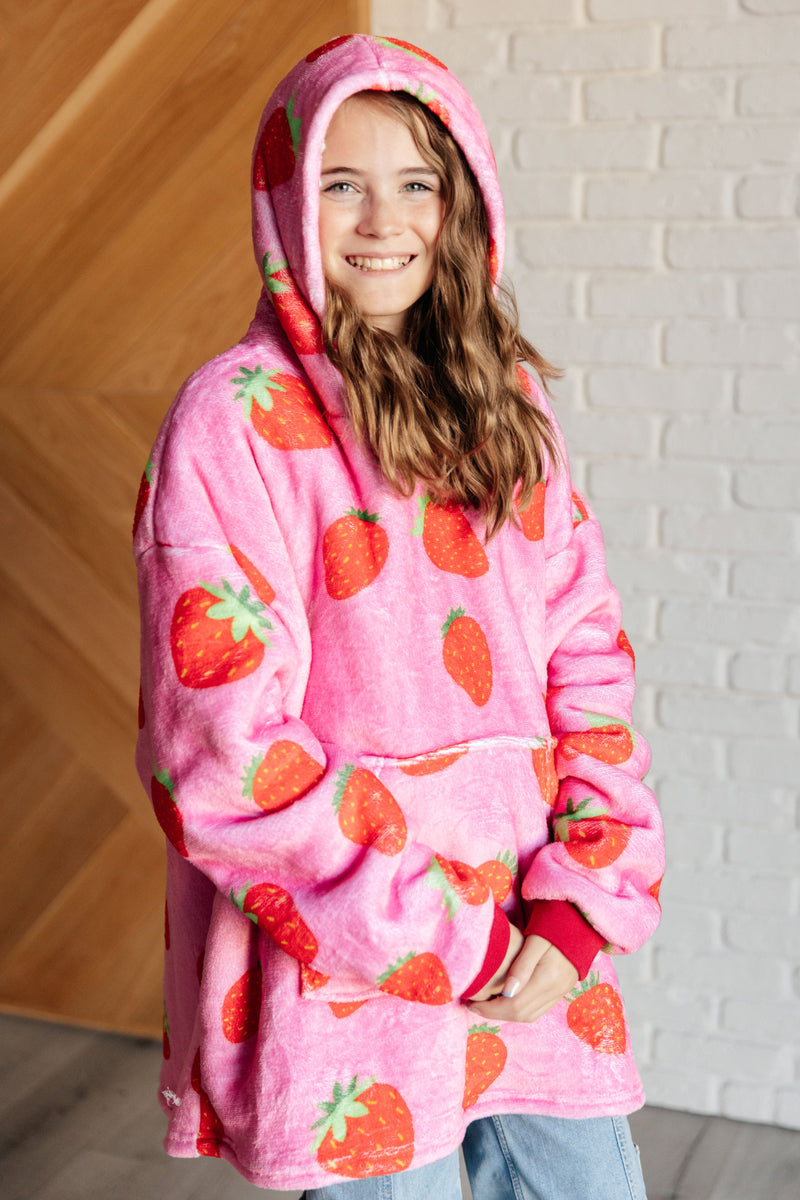 Hazel Blues® |  Kids Oversized Hoodie Blanket in Strawberry