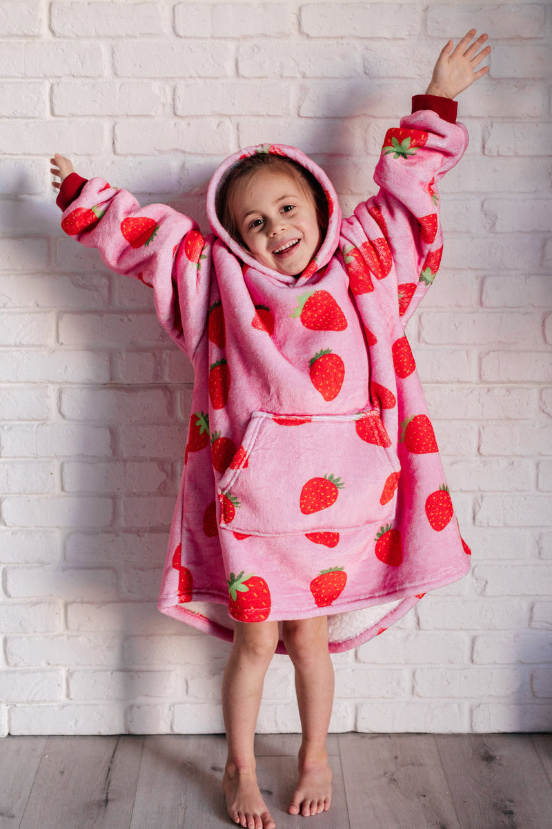 Hazel Blues® |  Kids Oversized Hoodie Blanket in Strawberry