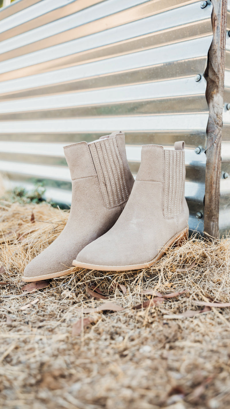 Hazel Blues® |  Leonor Suede Ankle Boot in Taupe