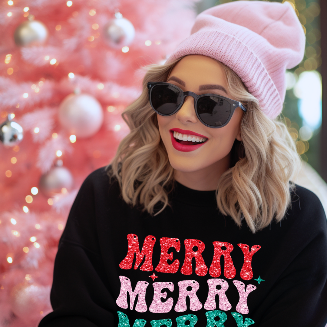 3Blues Designs |   Hazel Blues® |  Merry Christmas Retro Faux Glitter Chenille Crewneck Sweatshirt