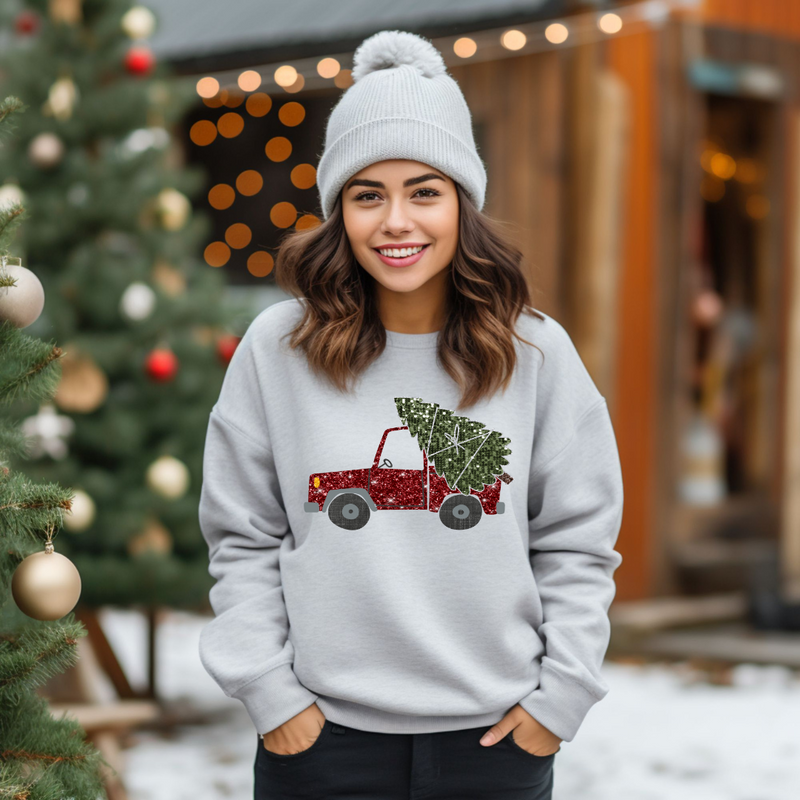 Hazel Blues® |  Christmas Tree Truck Faux Glitter Graphic Sweatshirt