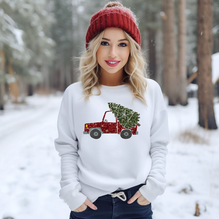 Hazel Blues® |  Christmas Tree Truck Faux Glitter Graphic Sweatshirt