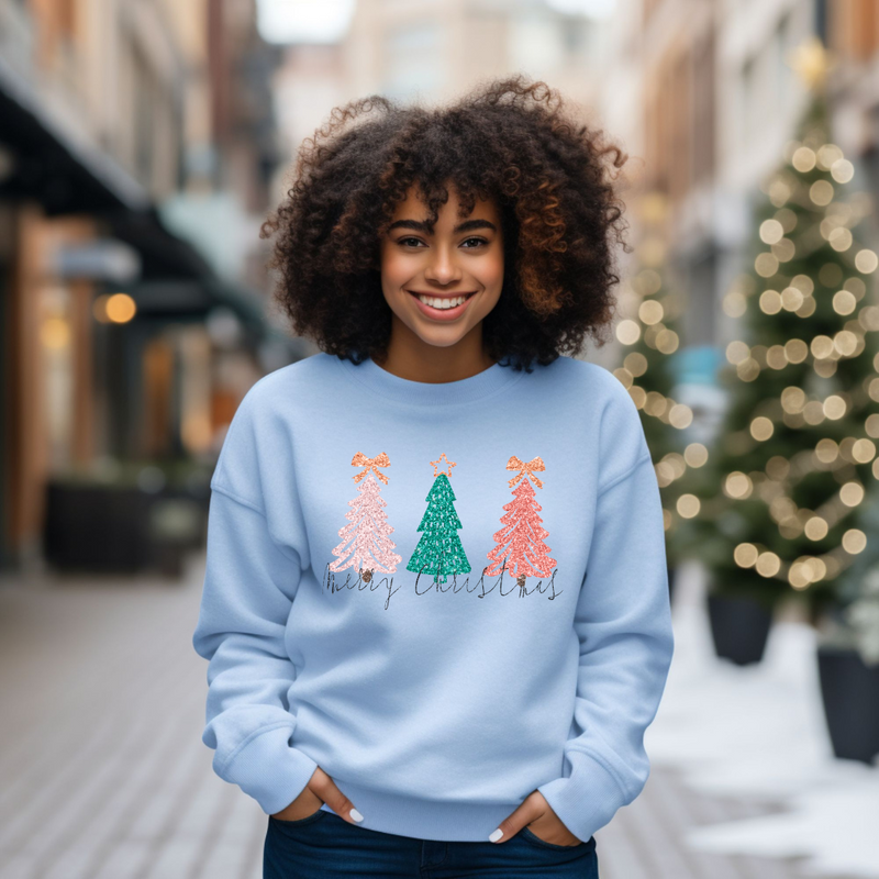 Hazel Blues® |  Christmas Trees Faux Glitter Graphic Sweatshirt