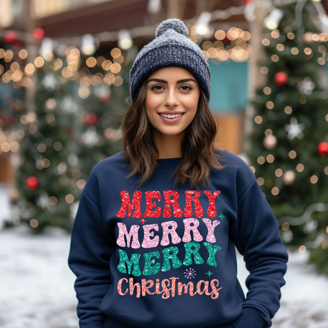 Hazel Blues® |  Merry Christmas Retro Faux Glitter Chenille Crewneck Sweatshirt