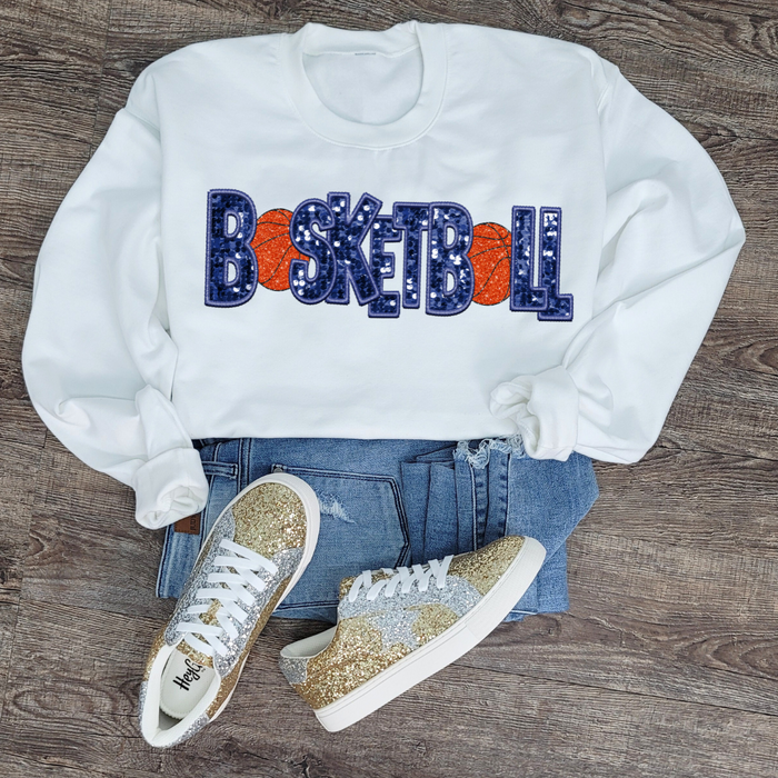 Hazel Blues® |  Basketball Faux Chenille Sequin Patches Sweatshirt: Navy